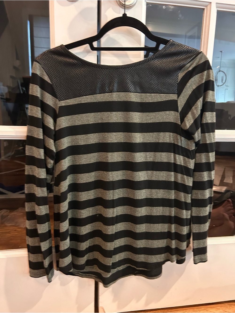 Ella Moss Black and Olive Striped Long Sleeve Tee with Textured Yoke